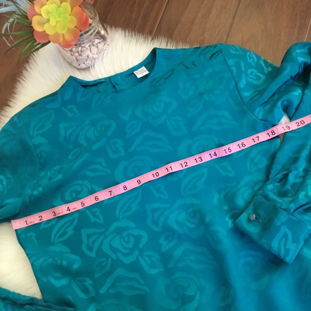 Vintage Turquoise Floral 100% Pure Silk Long Sleeve Top Size 4 - Picture 6 of 9